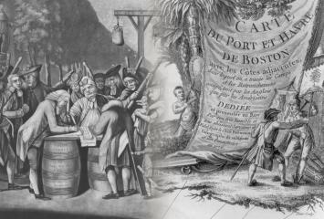 "Virginian loyalist" being forced to sign a document and patriot raises a knife to defend the American banner