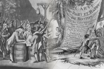 "Virginian loyalist" being forced to sign a document and patriot raises a knife to defend the American banner